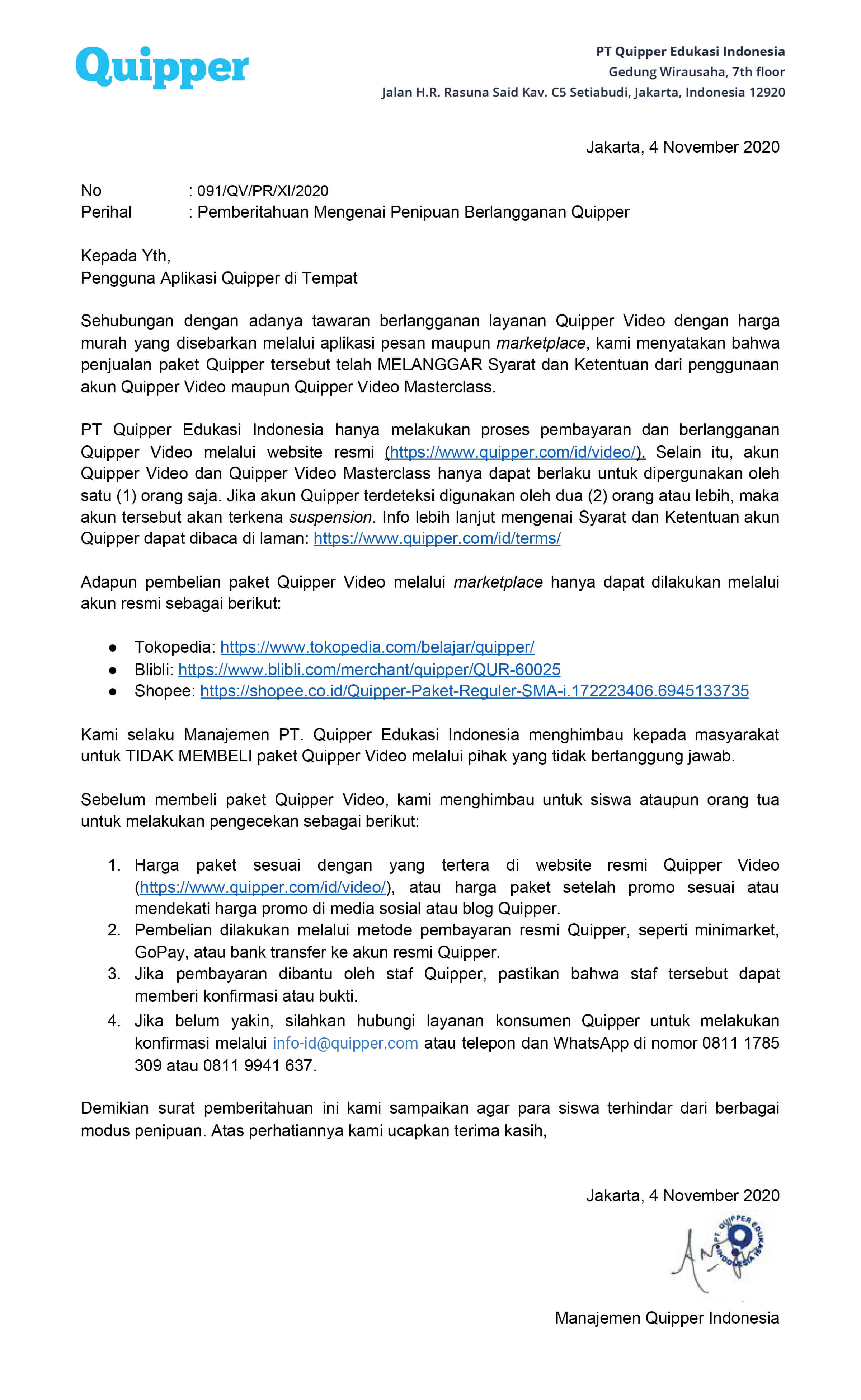 Surat Pemberitahuan Penjual Tidak Resmi dan Penipuan Pembelian Akun