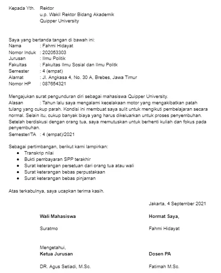 contoh surat pengunduran diri mahasiswa