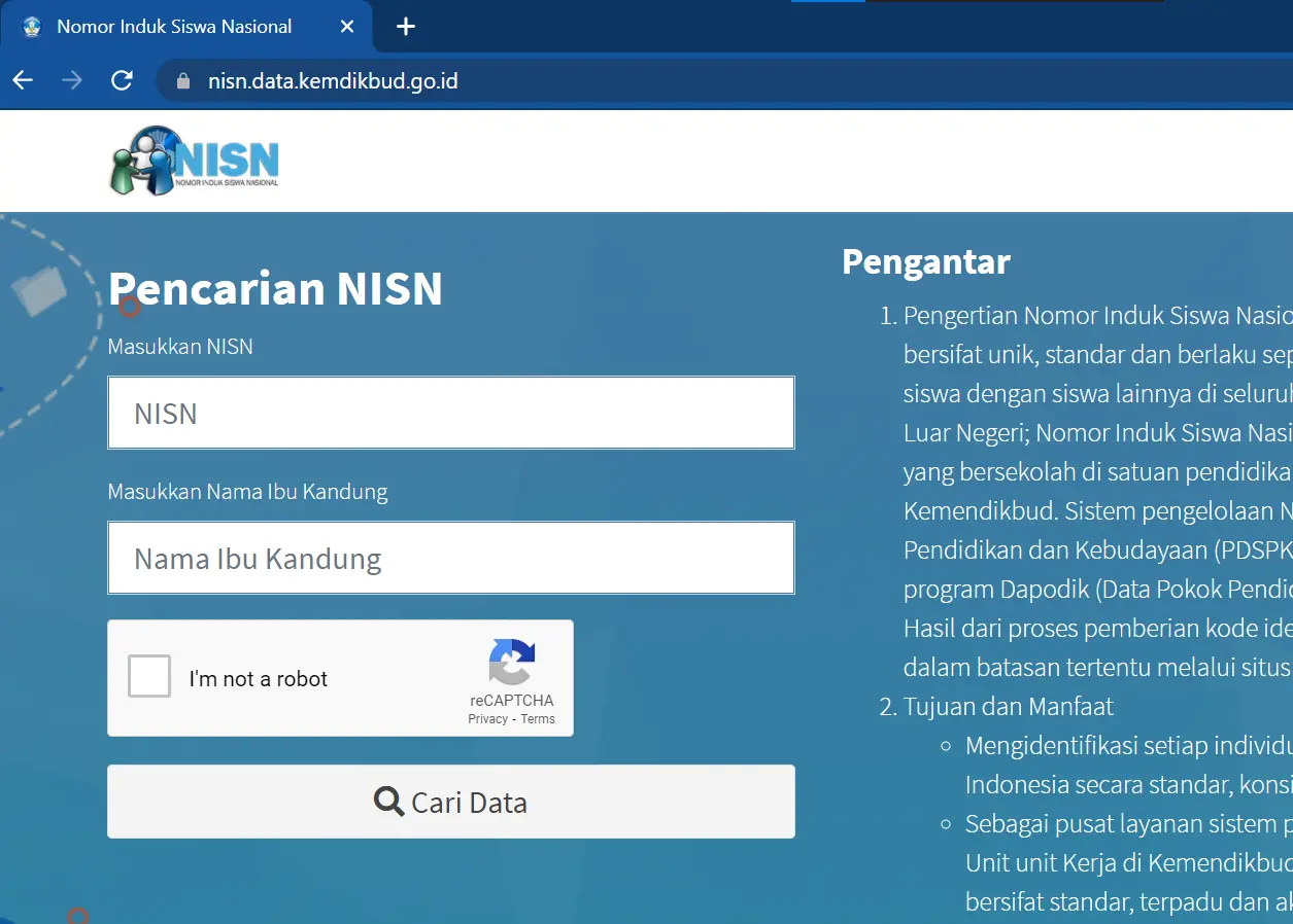 laman pencarian nomor NISN